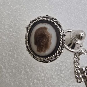 Silver and Brown Cameo Tie Pin,Tack, Lapel.